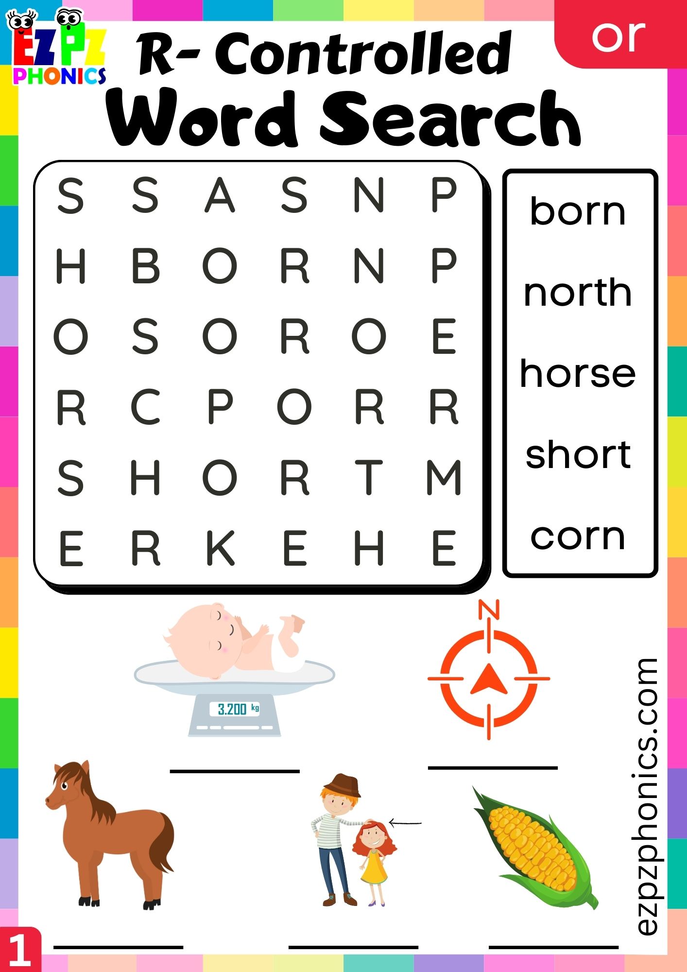 Word search worksheet for or words R Controlled Vowels Phonics group 1